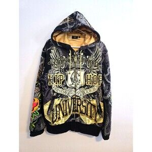 Y2K Christian Audigier Hip Hop University Skull Black Hoodie Large